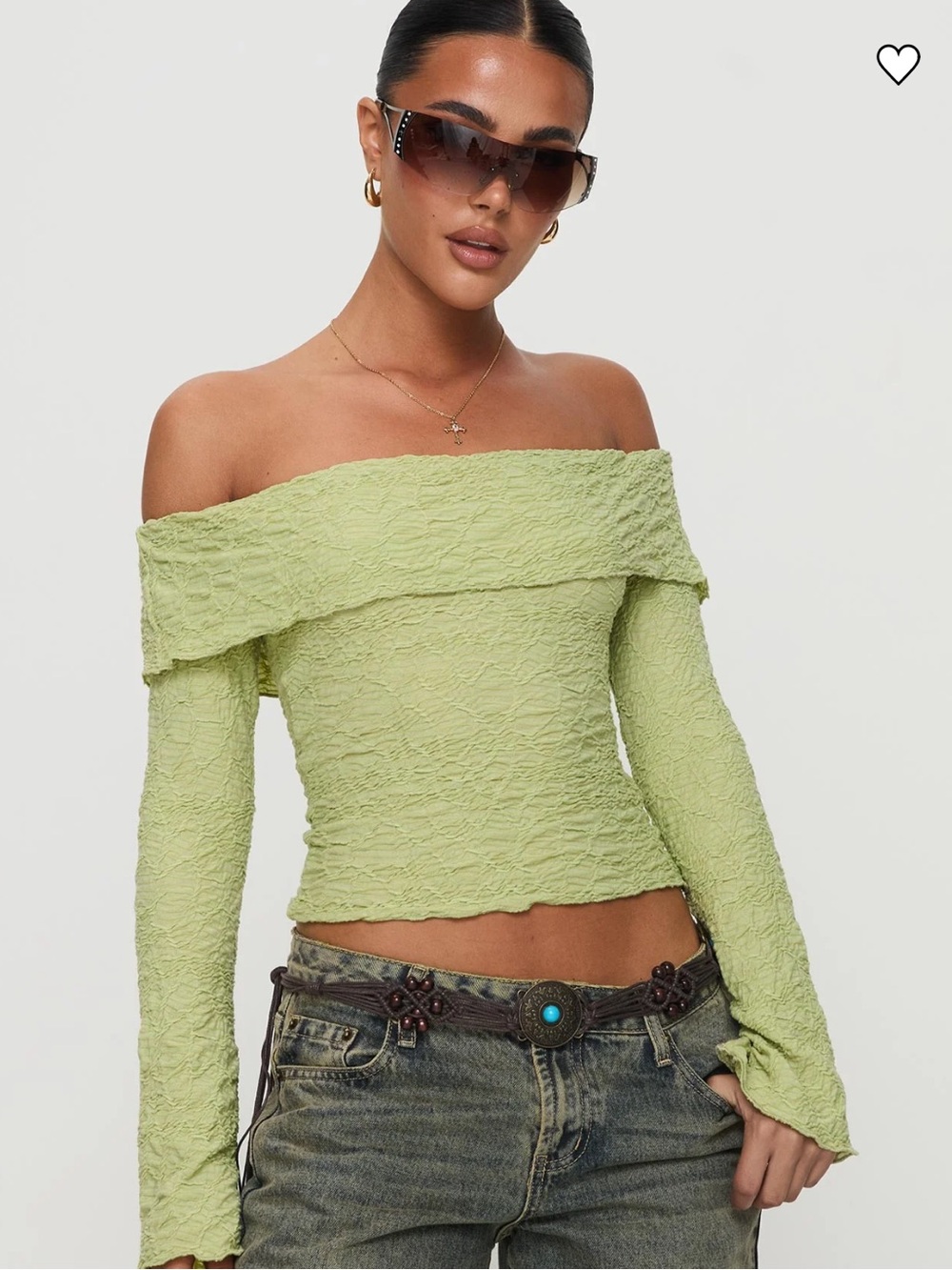 Princess Polly Light Green Off-Shoulder Long Sleeve Top